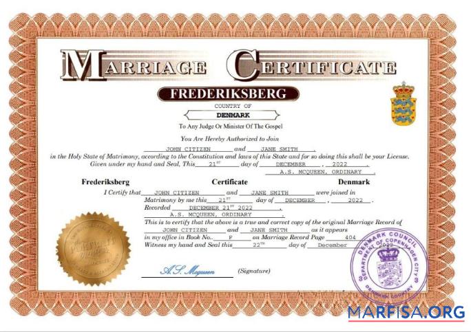 Printable Denmark marriage certificate Word and PDF template